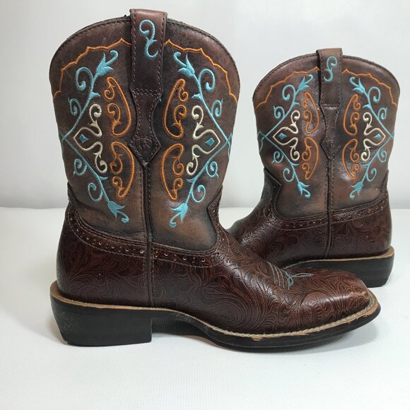 Ariat Boots Women 8 Fatbaby Brown Teal Embroidered Floral Square Toe Western - Picture 10 of 14